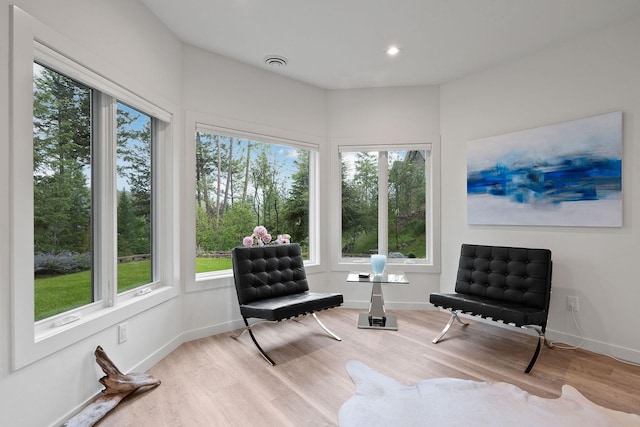 sitting room with a wealth of natural light and light wood-type flooring