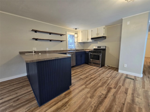 kitchen with blue cabinetry, sink, kitchen peninsula, stainless steel appliances, and white cabinets