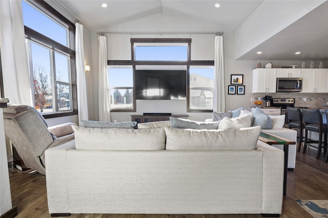 living room featuring lofted ceiling and dark hardwood / wood-style floors