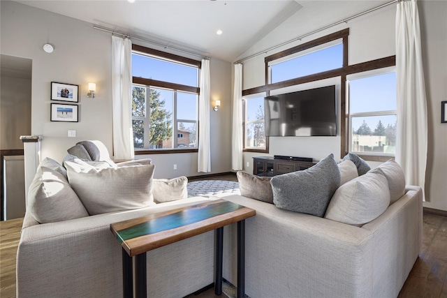 living room featuring hardwood / wood-style flooring and lofted ceiling