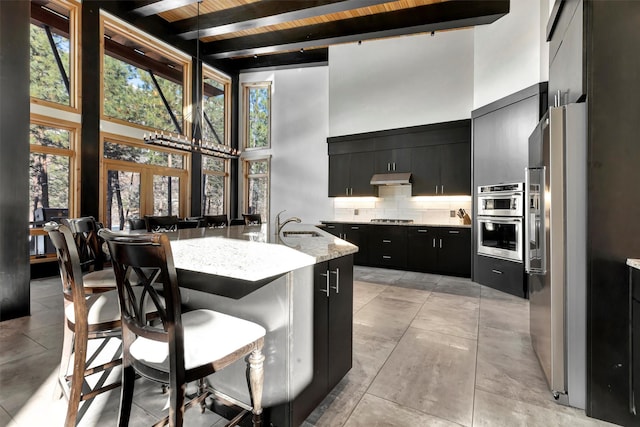 kitchen featuring tasteful backsplash, beamed ceiling, stainless steel appliances, and a healthy amount of sunlight