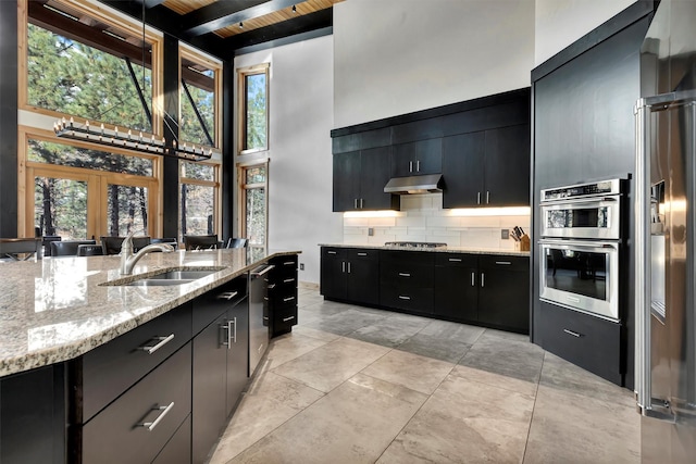 1180 Reardon Ln, Alberton, MT 59820 - kitchen with a towering ceiling, a sink, a fireplace, stainless steel dishwasher, and light stone counters