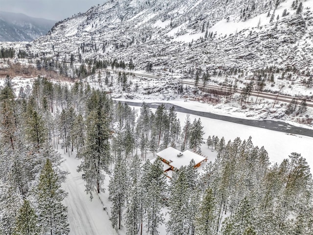 snowy aerial view featuring a mountain view