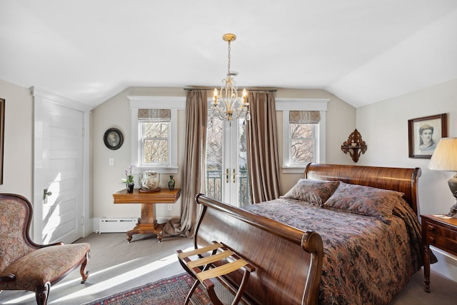 carpeted bedroom featuring lofted ceiling, a baseboard heating unit, a chandelier, and french doors