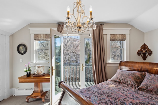 carpeted bedroom featuring a baseboard radiator, vaulted ceiling, access to outside, and an inviting chandelier