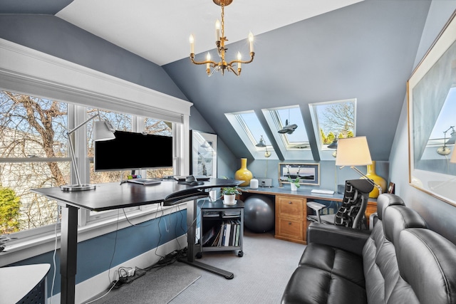 office area featuring an inviting chandelier, lofted ceiling with skylight, and light colored carpet