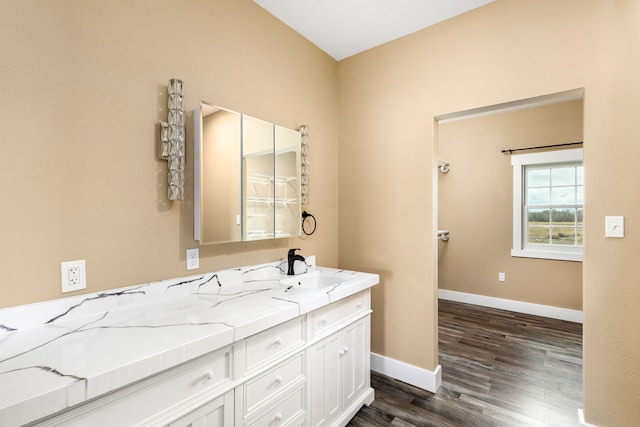 bathroom with vanity and wood-type flooring