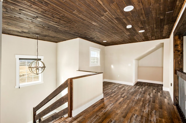 bonus room with a notable chandelier, dark wood-type flooring, and wooden ceiling