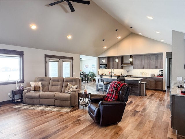 living area with plenty of natural light, a ceiling fan, light wood finished floors, and high vaulted ceiling