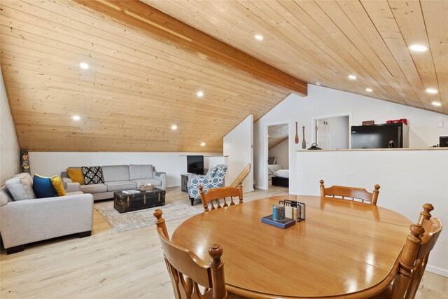 corridor featuring wood ceiling, lofted ceiling, and light hardwood / wood-style flooring