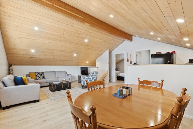 dining space with recessed lighting, wooden ceiling, lofted ceiling with beams, and wood finished floors