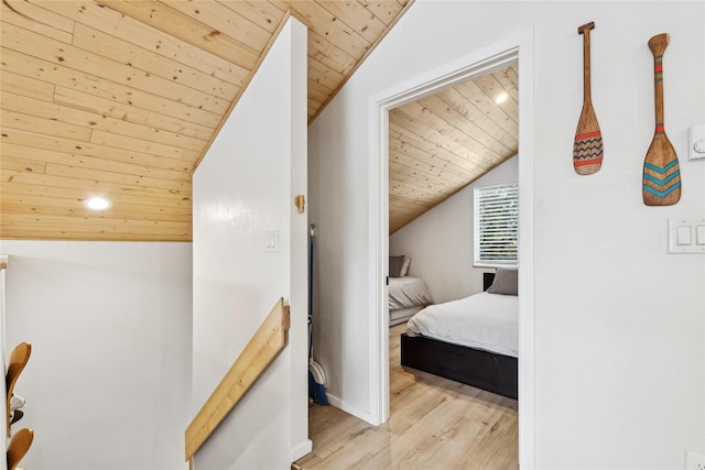 bedroom featuring recessed lighting, wooden ceiling, vaulted ceiling, and wood finished floors