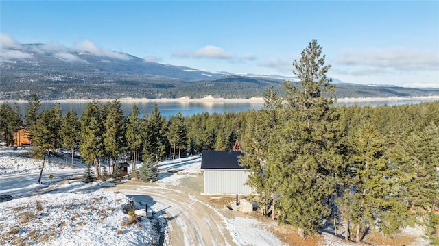 birds eye view of property with a forest view and a water and mountain view