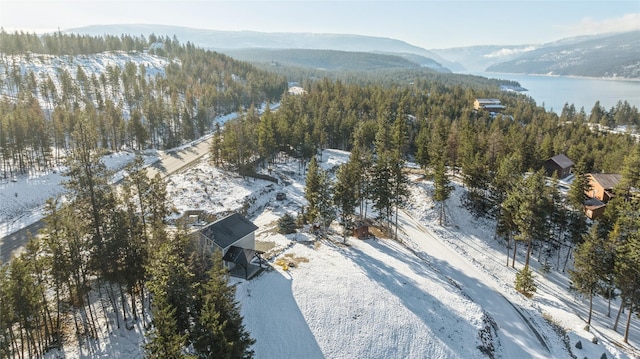 snowy aerial view with a forest view and a water and mountain view