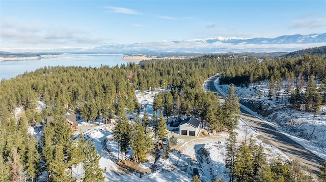 snowy aerial view featuring a water and mountain view