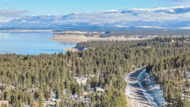 aerial view featuring a forest view and a water and mountain view