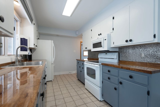 kitchen featuring white cabinetry, sink, white appliances, and tasteful backsplash