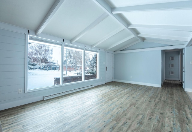 bonus room featuring hardwood / wood-style flooring, vaulted ceiling with beams, baseboard heating, and wood walls