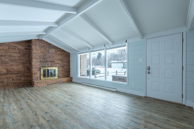 unfurnished living room featuring vaulted ceiling with beams, a stone fireplace, wood-type flooring, and wood walls