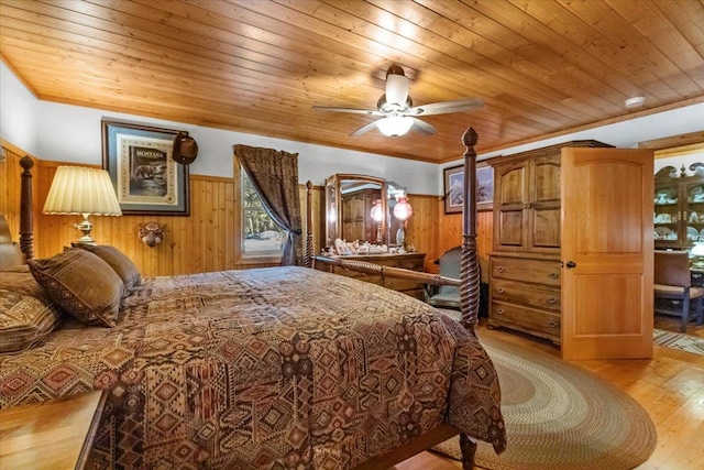 192 Crystal Lakes Dr, Eureka, MT 59917 - bedroom featuring wooden walls, light wood-style flooring, wood ceiling, and a wainscoted wall