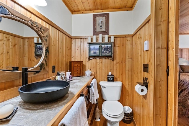 192 Crystal Lakes Dr, Eureka, MT 59917 - half bathroom with wooden ceiling, wooden walls, toilet, wainscoting, and vanity