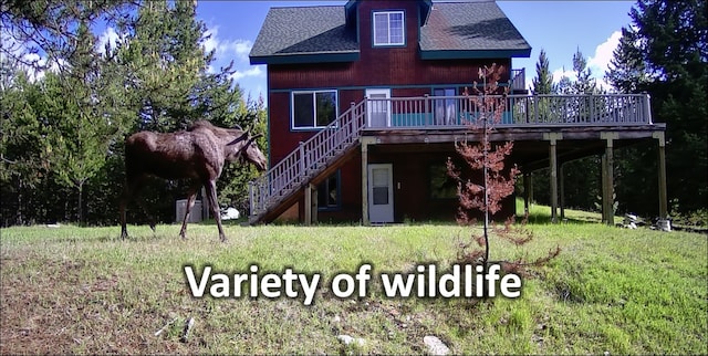 rear view of property featuring a lawn and a deck