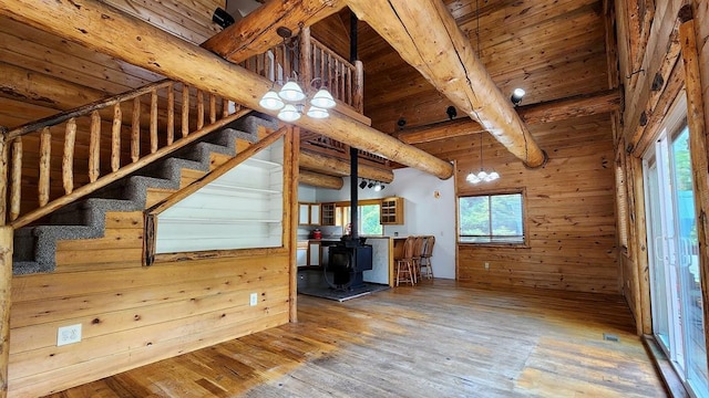 interior space featuring hardwood / wood-style floors, wood walls, a wood stove, wood ceiling, and beam ceiling