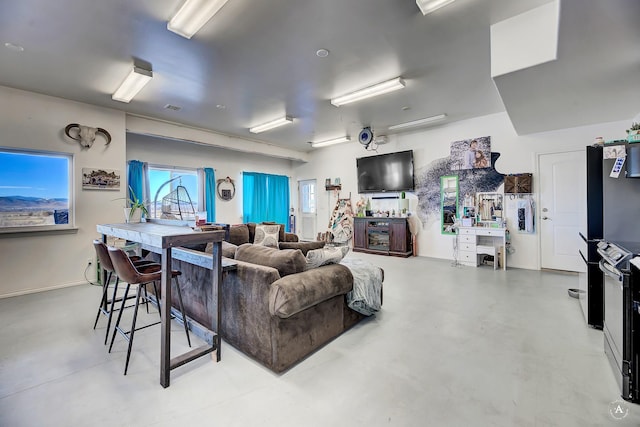 living room with concrete floors