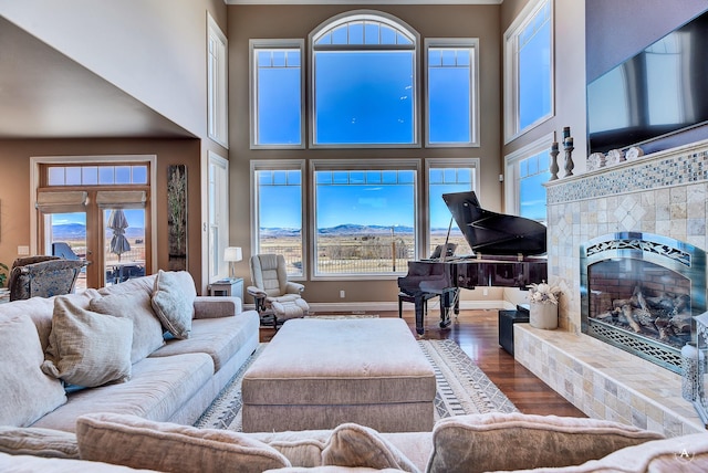 living room with dark hardwood / wood-style flooring, a towering ceiling, and a tile fireplace