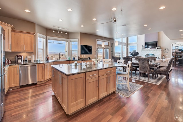 kitchen featuring dark hardwood / wood-style floors, dishwasher, sink, and dark stone countertops