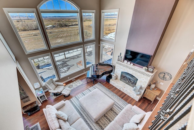 living room featuring dark wood-type flooring, a healthy amount of sunlight, a high end fireplace, and a high ceiling