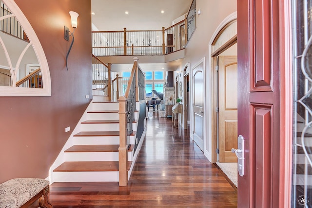 foyer entrance with a high ceiling and dark wood-type flooring