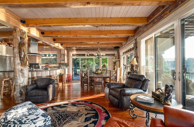 living room with hardwood / wood-style flooring, wooden ceiling, a chandelier, and beamed ceiling