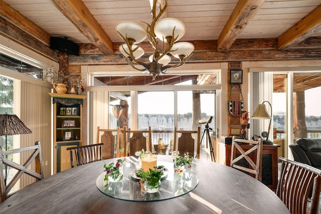 dining area featuring a notable chandelier, wood ceiling, and a wealth of natural light