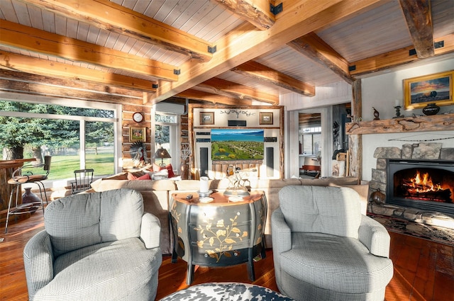 living room featuring wood-type flooring, a fireplace, a wall mounted AC, and wooden ceiling