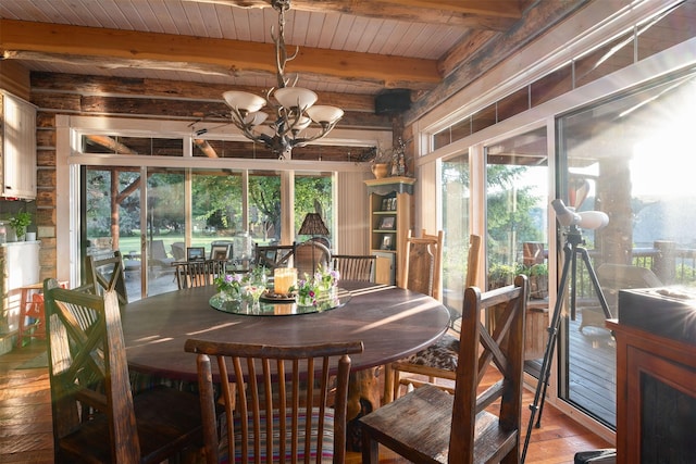 dining space featuring beam ceiling, wood-type flooring, a notable chandelier, and wood ceiling