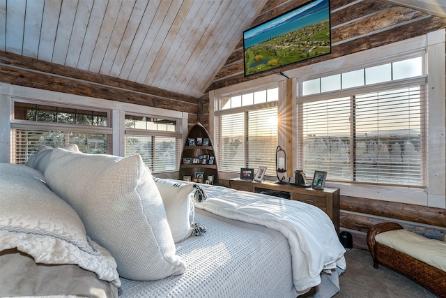 carpeted bedroom featuring lofted ceiling and wooden ceiling