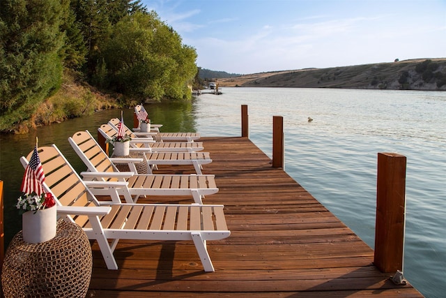 view of dock featuring a water and mountain view