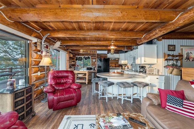 living room with dark hardwood / wood-style floors, wood ceiling, log walls, and beam ceiling