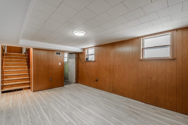 basement featuring light hardwood / wood-style floors and wood walls