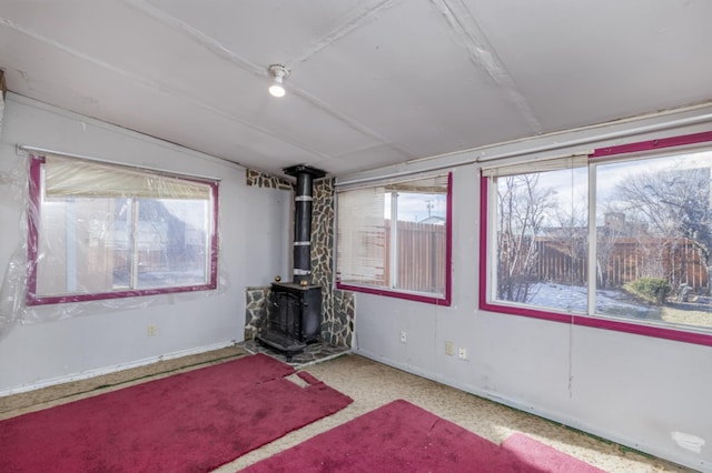 interior space with a wood stove