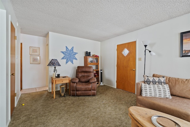 living room with a textured ceiling and carpet flooring