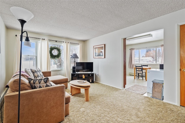 carpeted living room featuring a textured ceiling