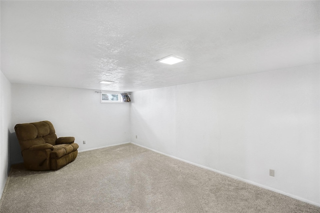 basement featuring carpet flooring and a textured ceiling