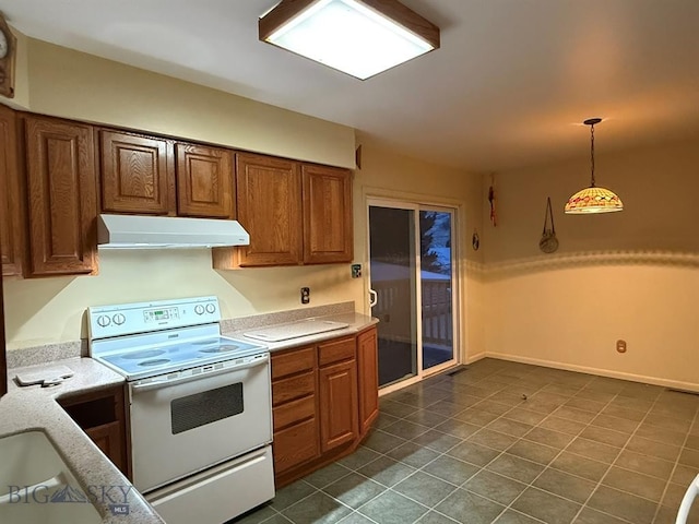 3435 Parkway St, Butte, MT 59701 - kitchen featuring pendant lighting, brown cabinets, dark tile patterned flooring, under cabinet range hood, and electric stove
