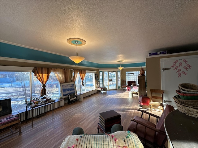 living room with hardwood / wood-style floors and a textured ceiling