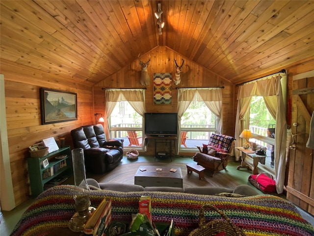 living room with lofted ceiling, a healthy amount of sunlight, wood ceiling, and wood walls