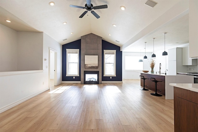 living room with a fireplace, light hardwood / wood-style floors, and a healthy amount of sunlight