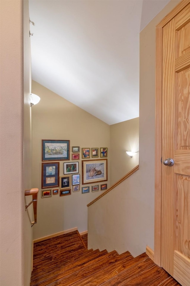 stairs featuring wood finished floors and vaulted ceiling