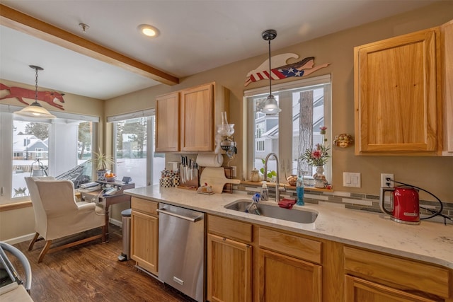 kitchen with dark wood-style flooring, light stone countertops, a sink, dishwasher, and beamed ceiling